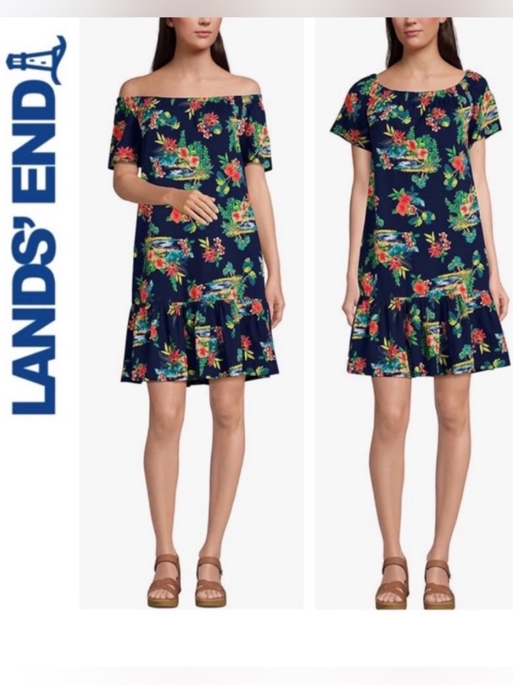 Lands' End Navy Tropical Floral Off-Shoulder Dress